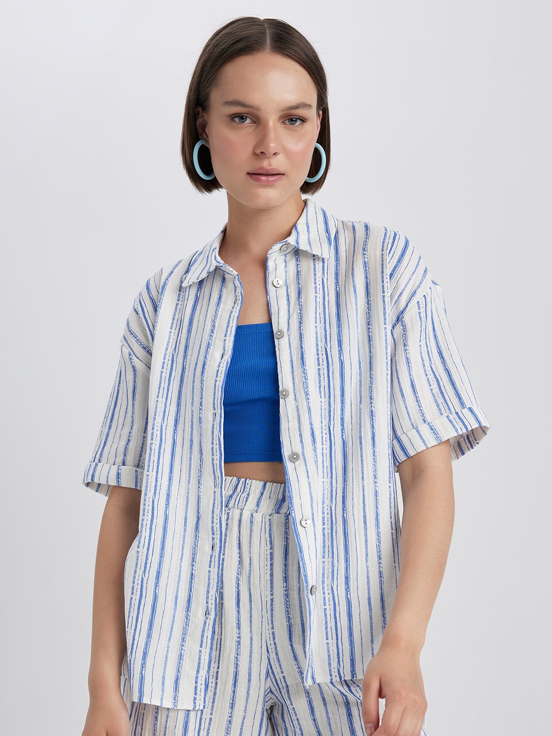 

DeFacto Striped Spread Collar Cotton Casual Shirt, White