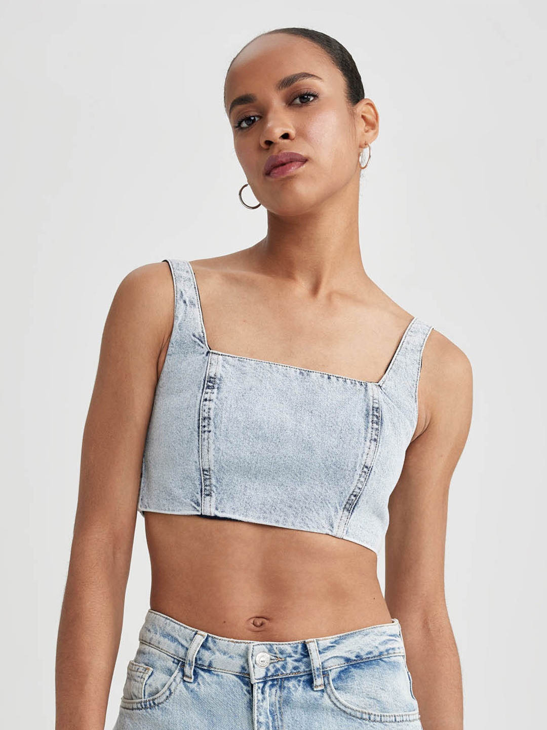 

DeFacto Shoulder Straps Fitted Crop Top, Blue