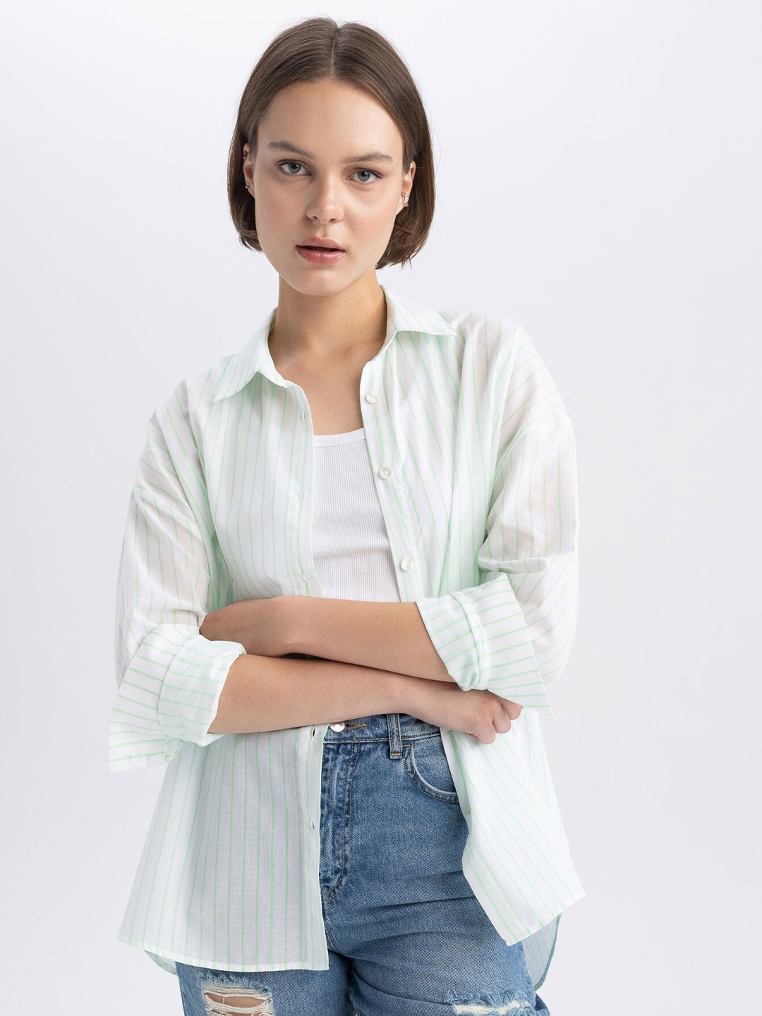 

DeFacto Striped Spread Collar Cotton Casual Shirt, Green