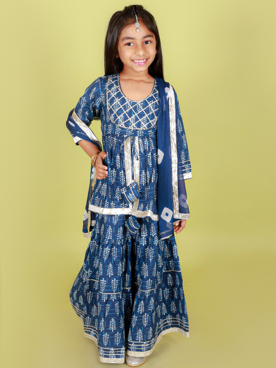 

Stuffie Land Girls Ethnic Motif Printed Pure Cotton Kurti & Sharara With Dupatta, Blue