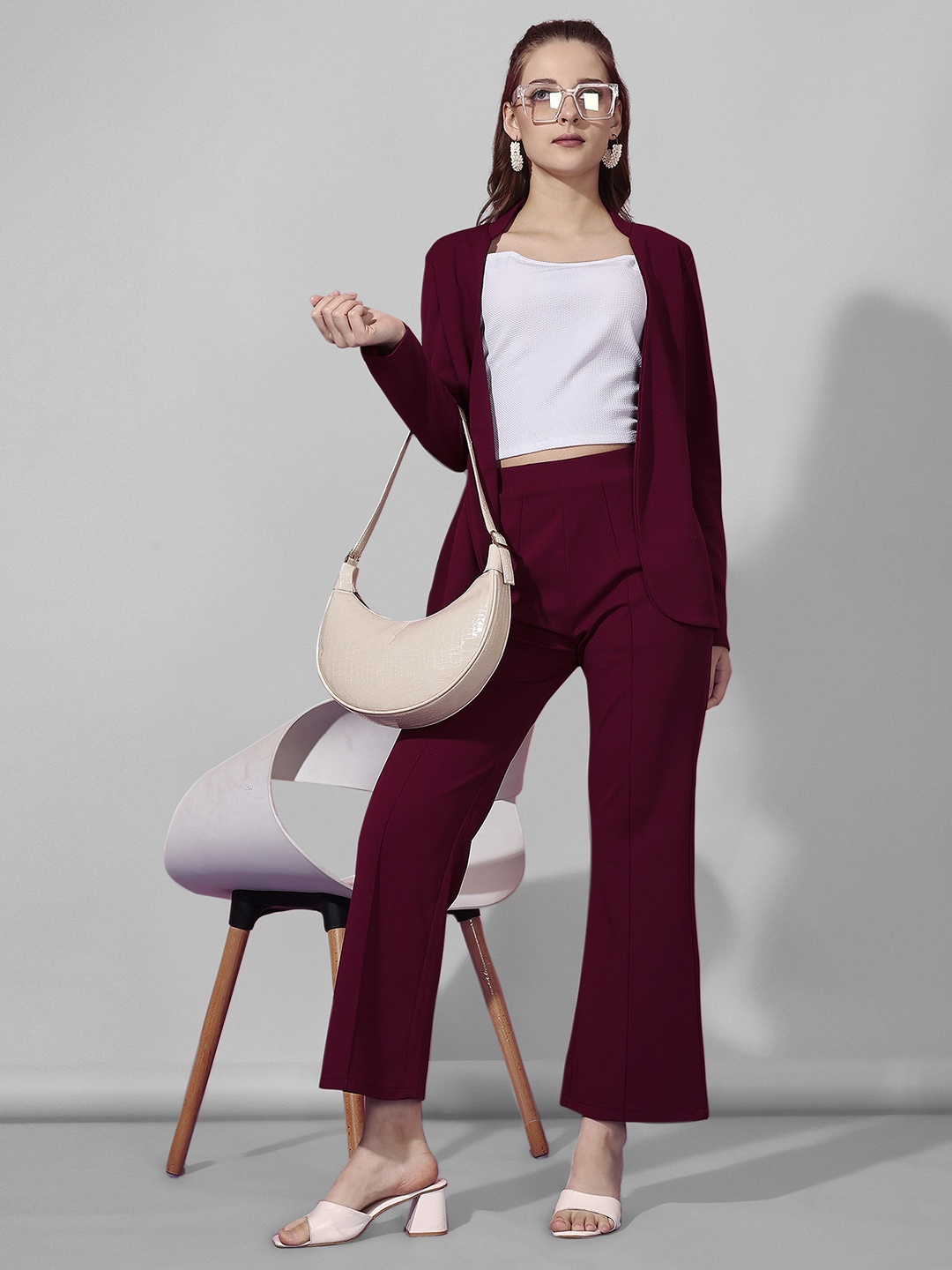 

Selvia Shoulder Straps Top With Trousers & Blazer, Maroon