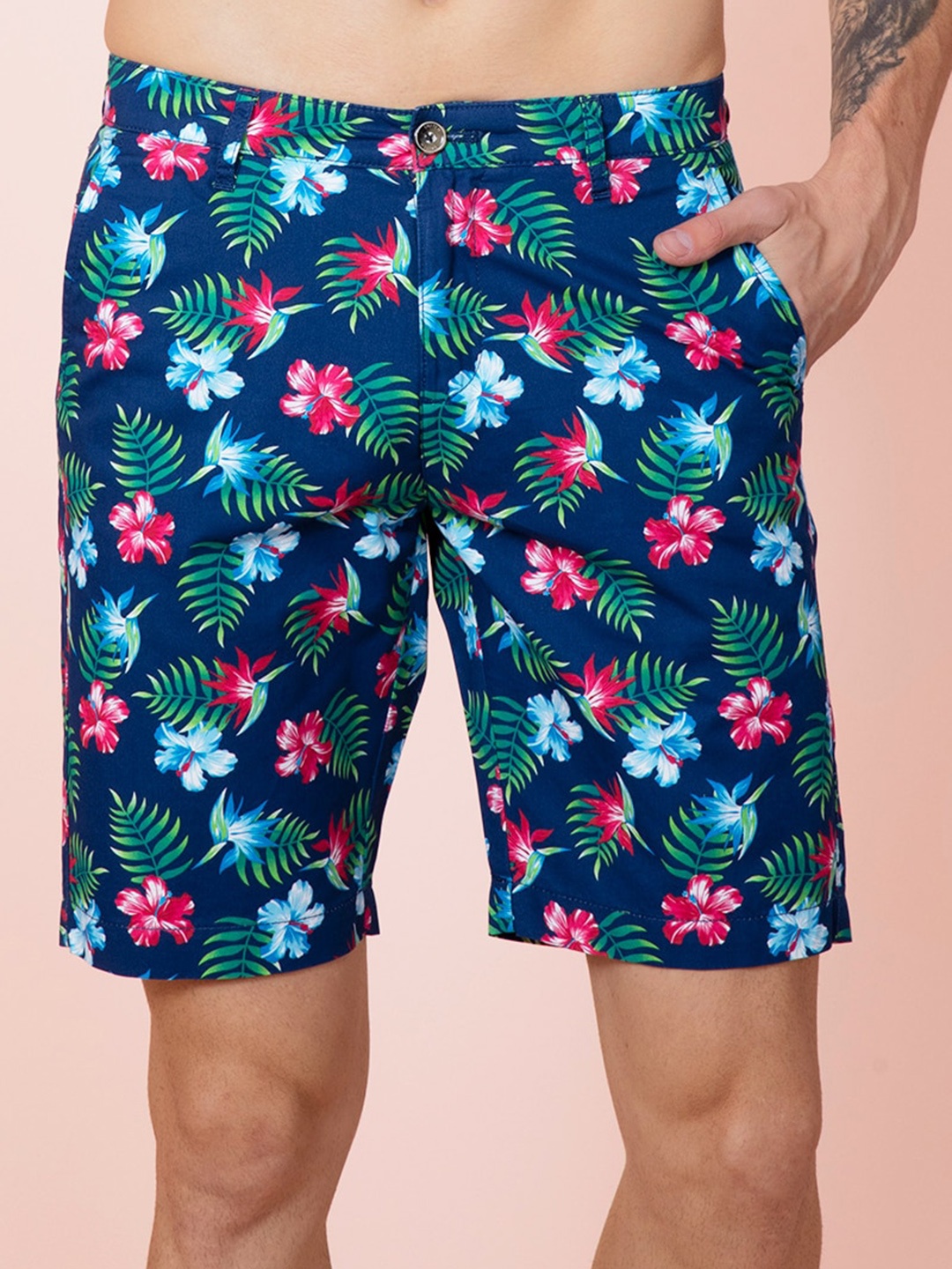 

Snitch Men Navy Blue Floral Printed Mid-Rise Cotton Regular Shorts