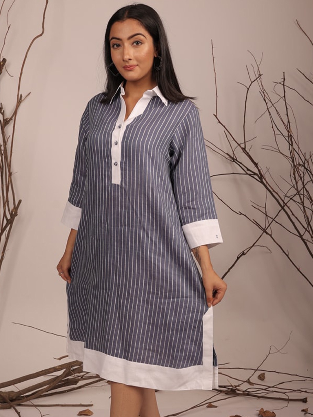 

JAIPURIBANNO Striped Print Shirt Collar Cuffed Sleeves Linen A-Line Dress, Blue