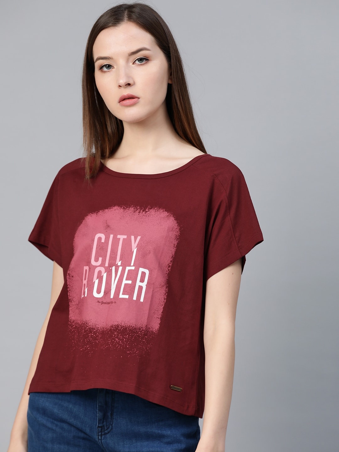 

Roadster Women Maroon Printed Round Neck T-shirt