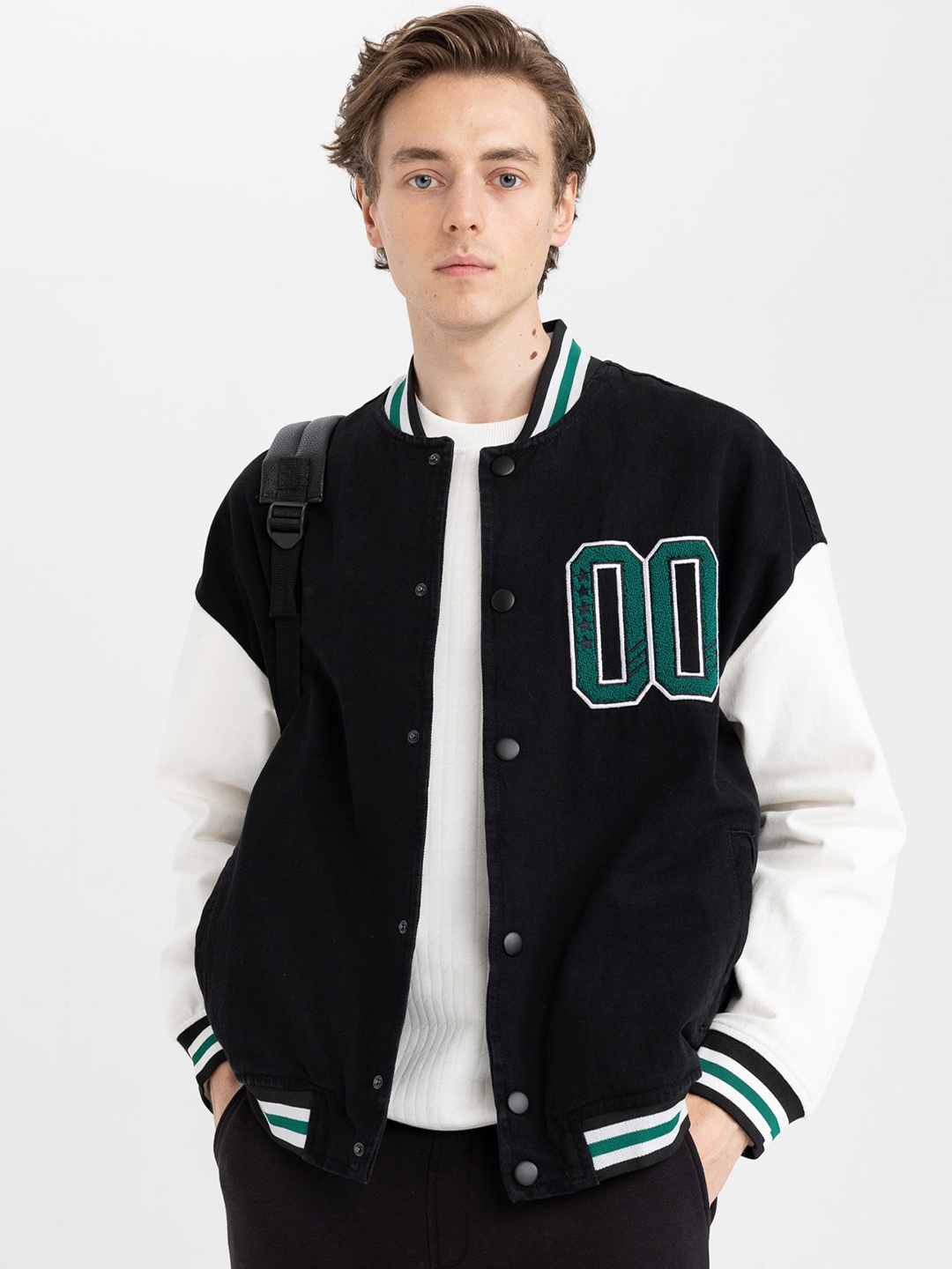 

DeFacto Mock Collar Typography Printed Cotton Varsity Jackets, Navy blue