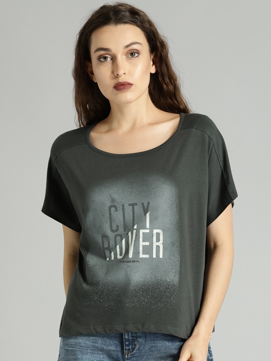

Roadster Women Charcoal Grey Printed Round Neck T-shirt