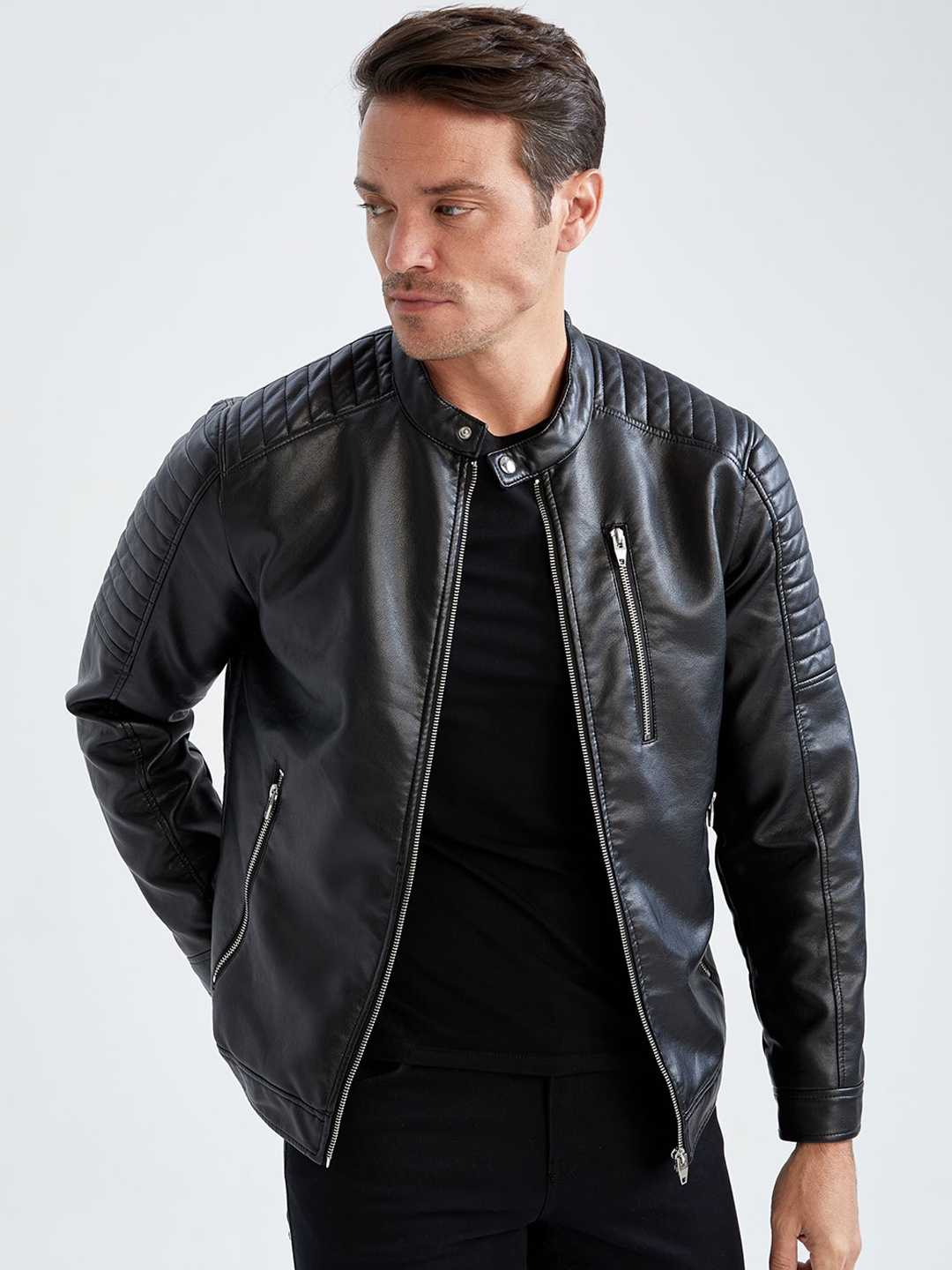 

DeFacto Mandarin Collar Zip Detail Biker Jacket, Black