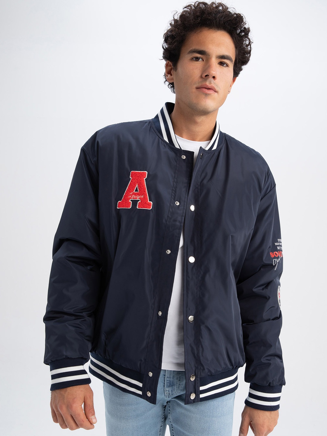 

DeFacto Mock Collar Typography Printed Cotton Varsity Jackets, Navy blue