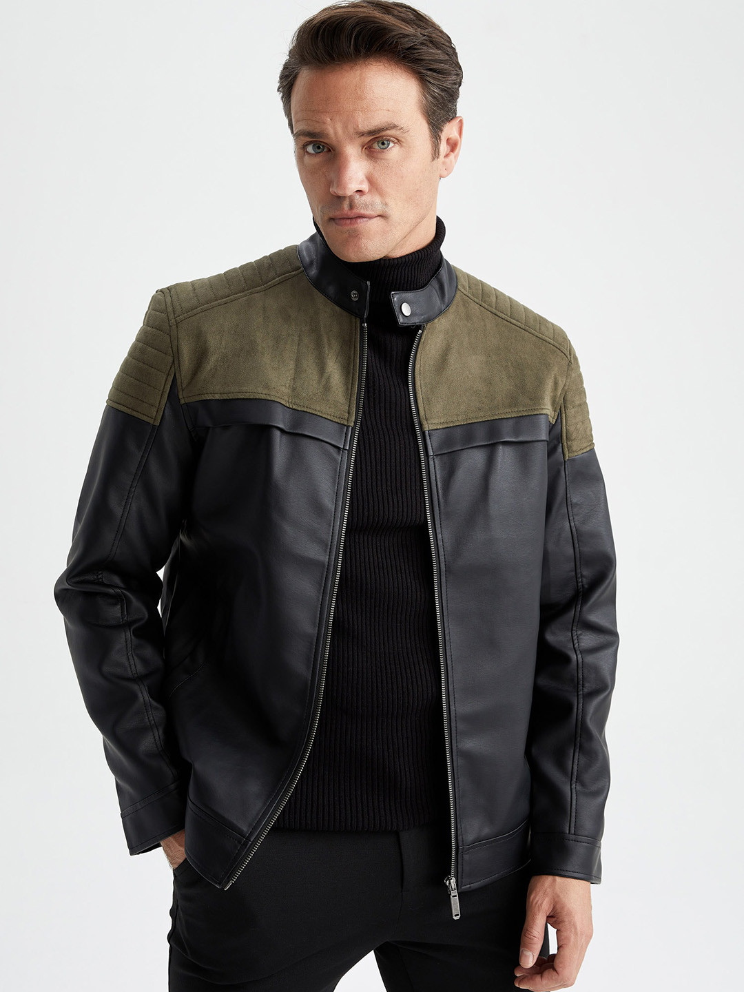 

DeFacto Colourblocked Leather Jacket, Olive