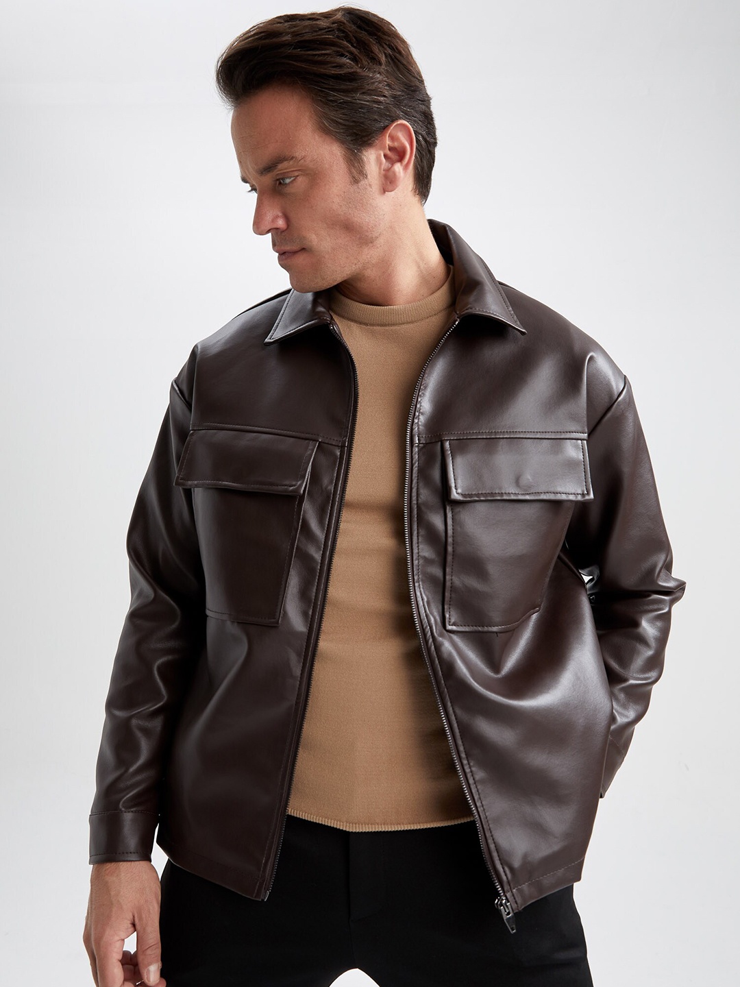 

DeFacto Spread Collar Biker Jacket, Brown