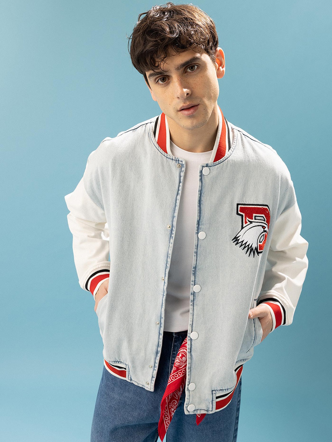 

DeFacto Colourblocked Pure Cotton Longline Bomber Jacket, Blue