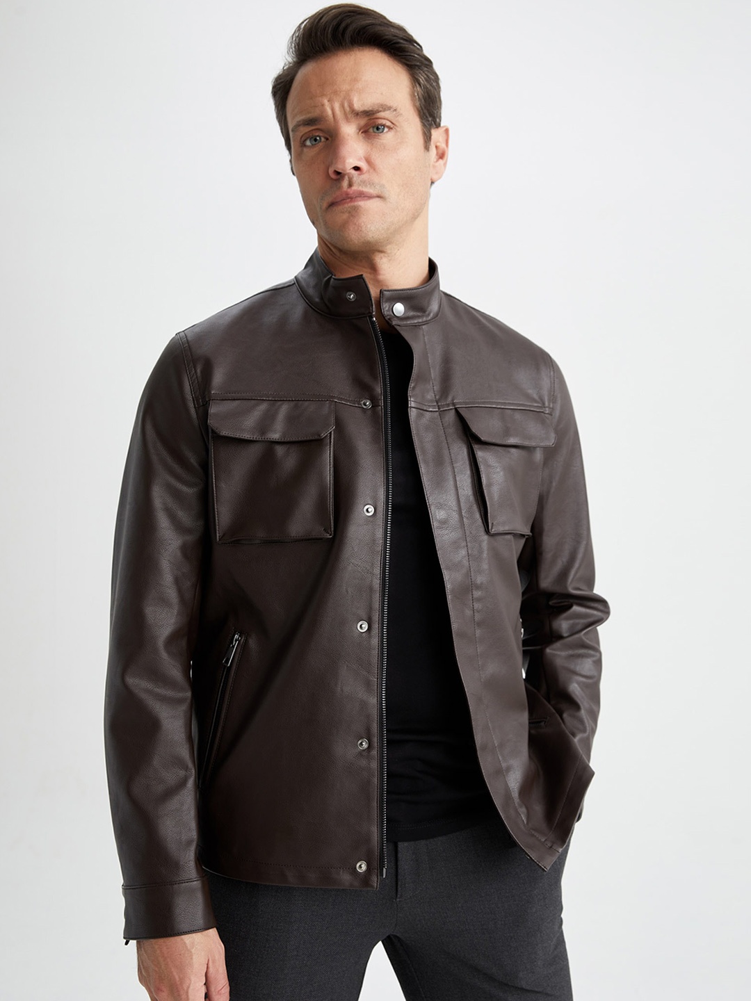 

DeFacto Mock Collar Biker Jacket, Brown