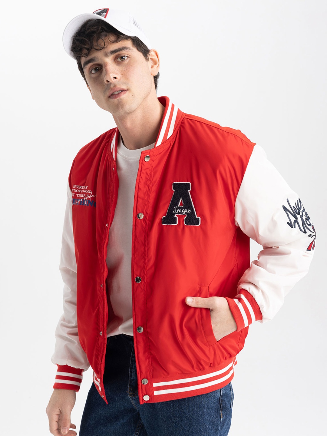 

DeFacto Typography Printed Mock Collar Varsity Jacket, Red