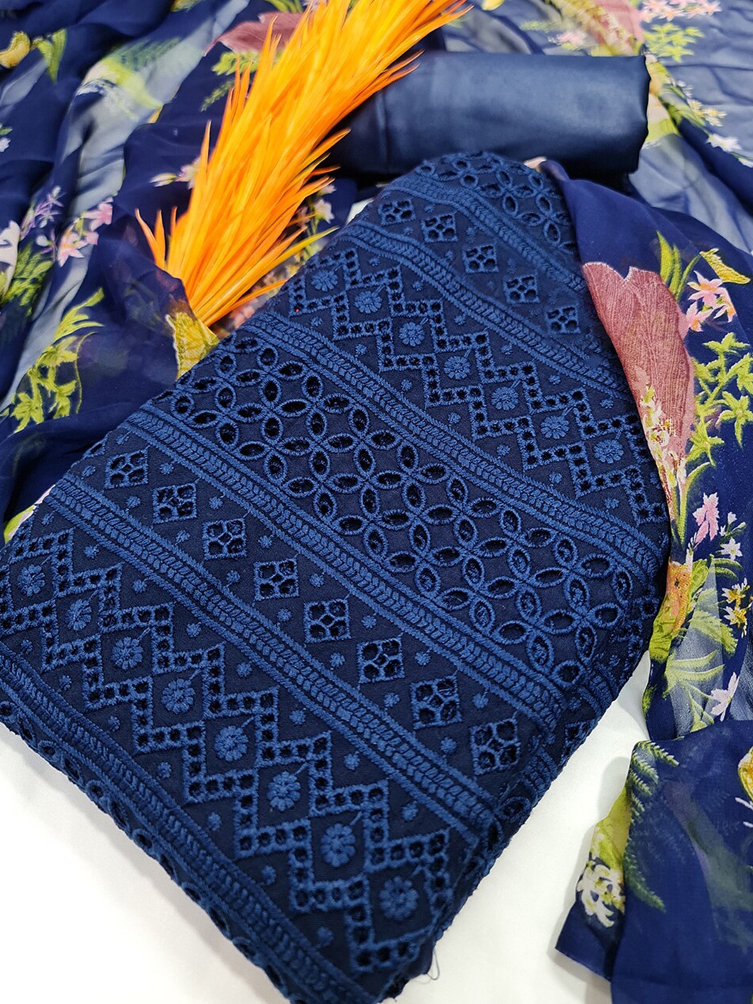 

PRENEA Chikankari Embroidered Unstitched Dress Material, Navy blue