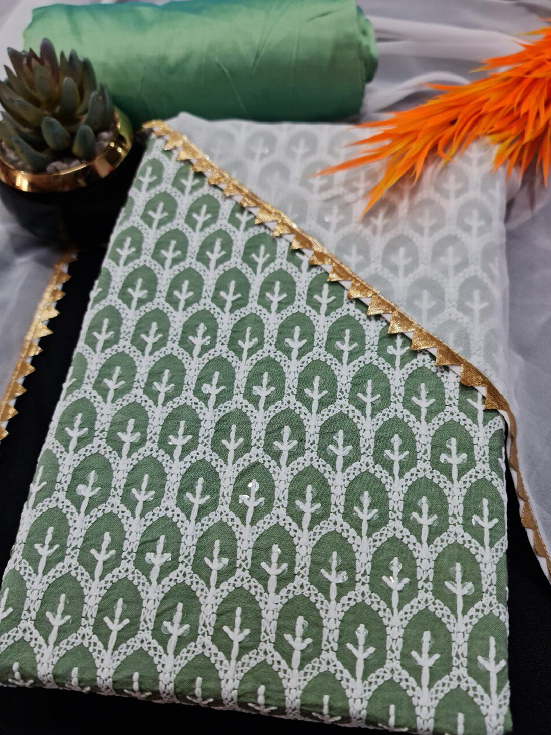 

PRENEA Embroidered Unstitched Dress Material, Sea green