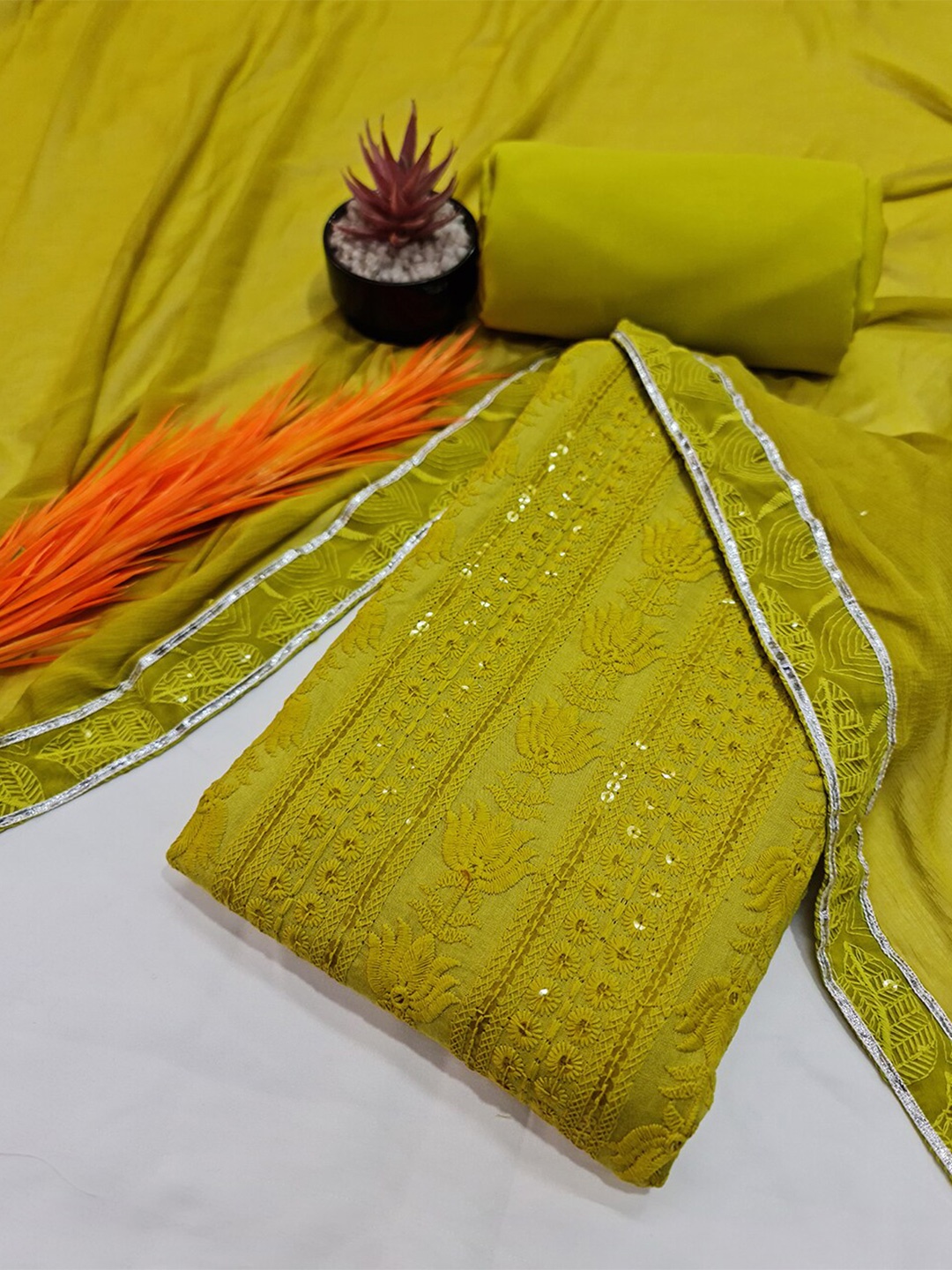 

PRENEA Embroidered Unstitched Dress Material, Lime green