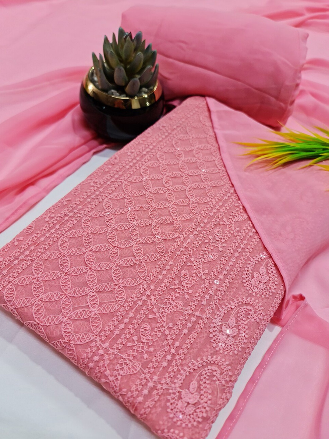 

PRENEA Embroidered Unstitched Dress Material, Pink