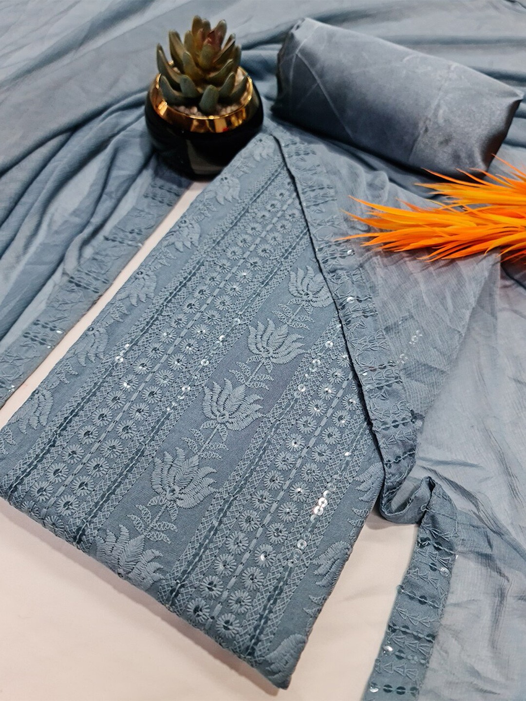 

PRENEA Ethnic Motifs Embroidered Chikankari Unstitched Dress Material, Grey