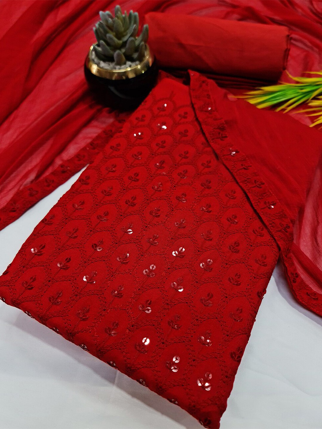 

PRENEA Chikankari Embroidered Unstitched Dress Material, Red
