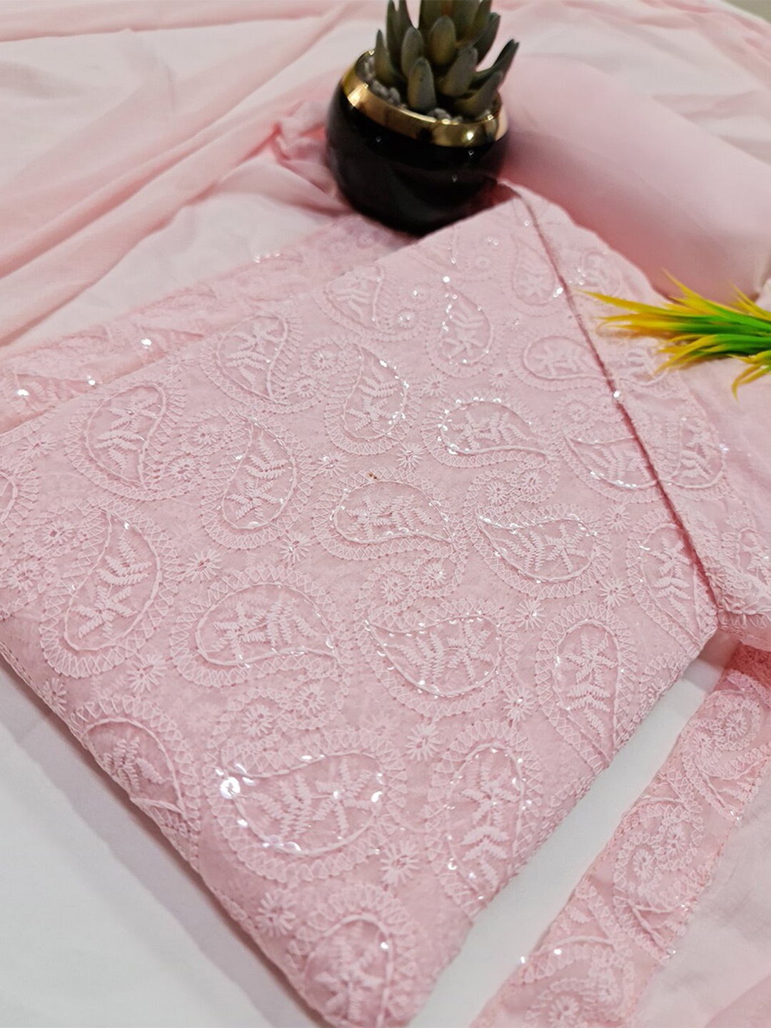 

PRENEA Chikankari Embroidered Unstitched Dress Material, Peach