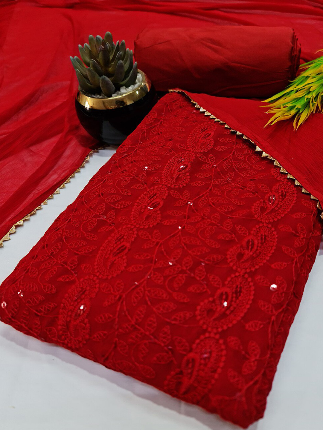 

PRENEA Chikankari Embroidered Unstitched Dress Material, Red
