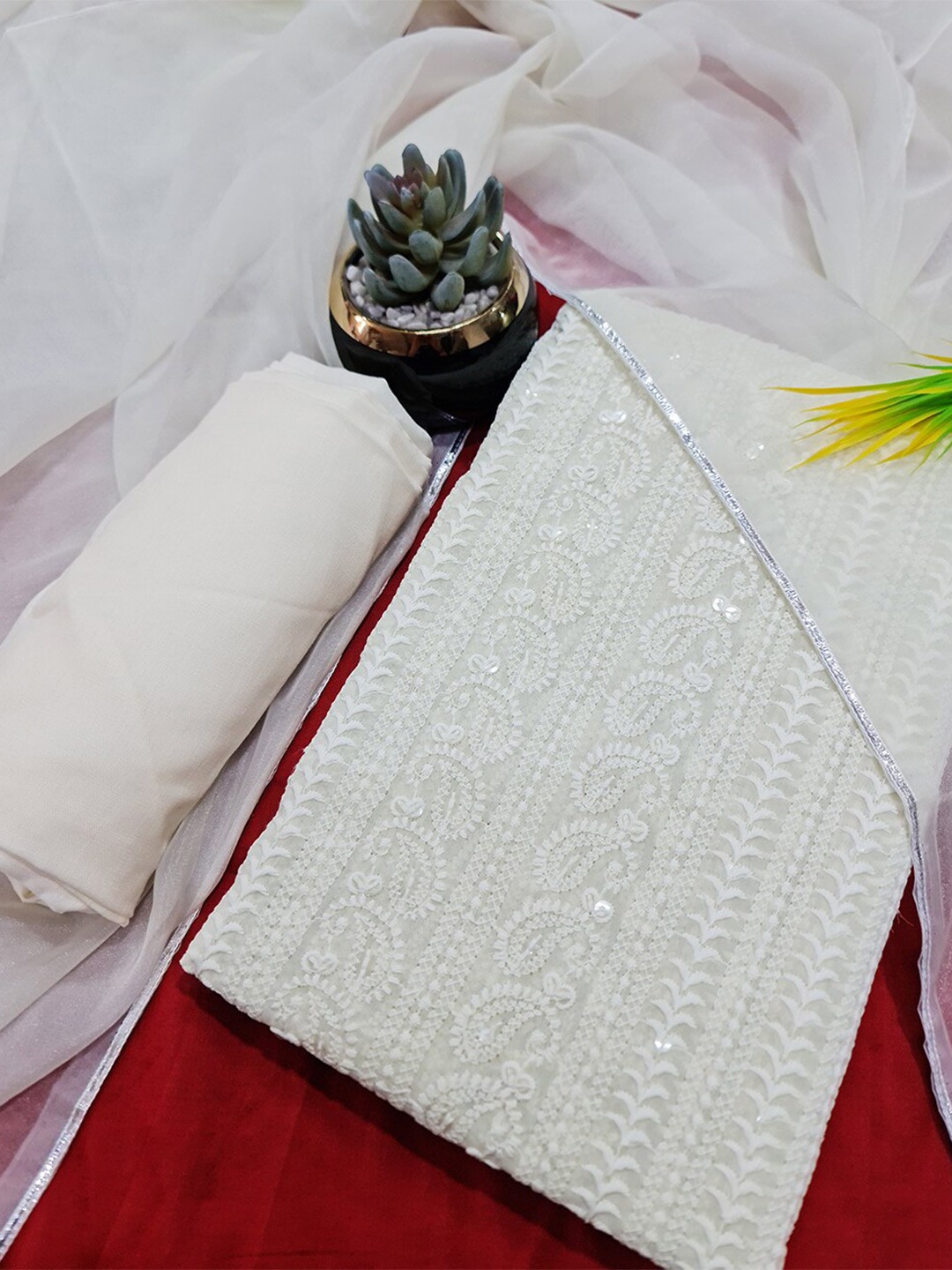 

PRENEA Chikankari Embroidered Unstitched Dress Material, White