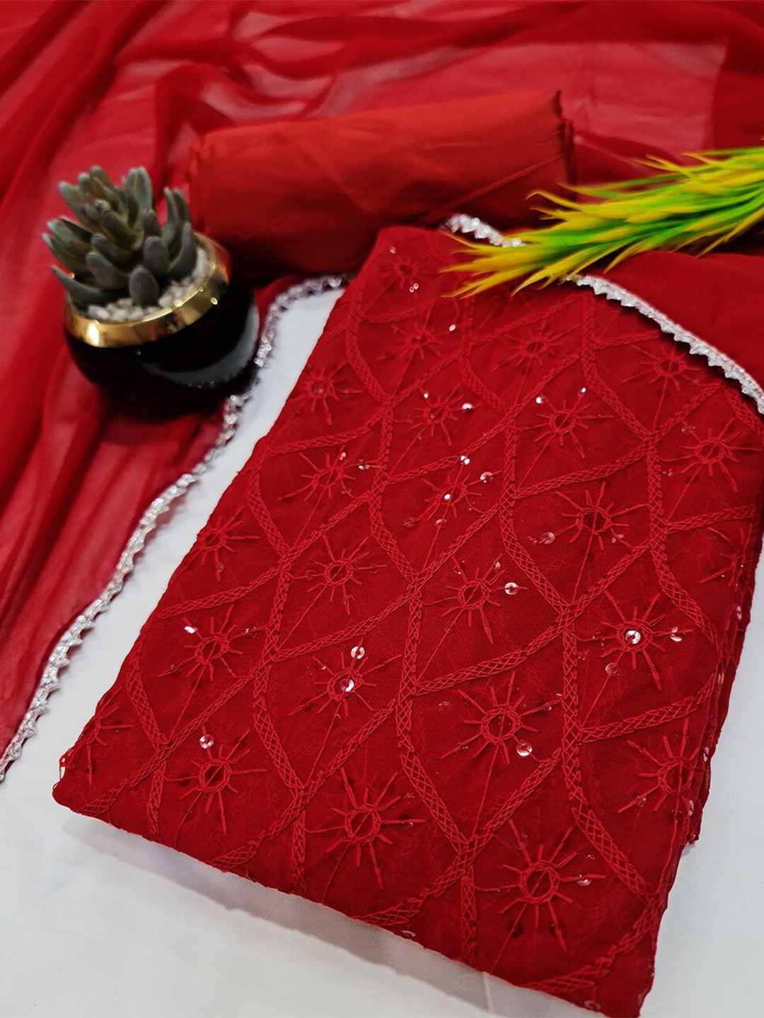 

PRENEA Chikankari Embroidered Unstitched Dress Material, Red