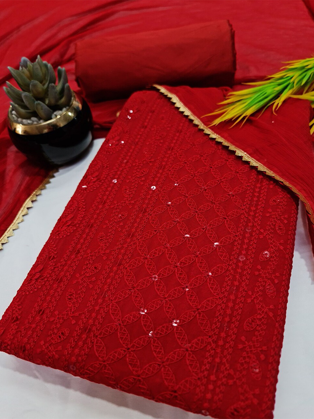 

PRENEA Ethnic Motifs Embroidered Chikankari Unstitched Dress Material, Red
