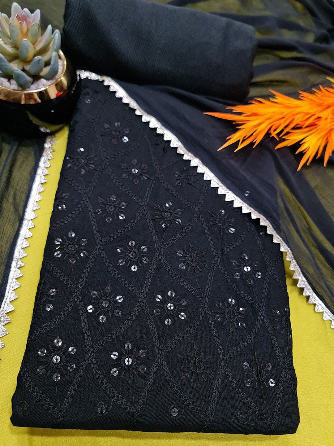 

PRENEA Ethnic Motifs Embroidered Chikankari Unstitched Dress Material, Black