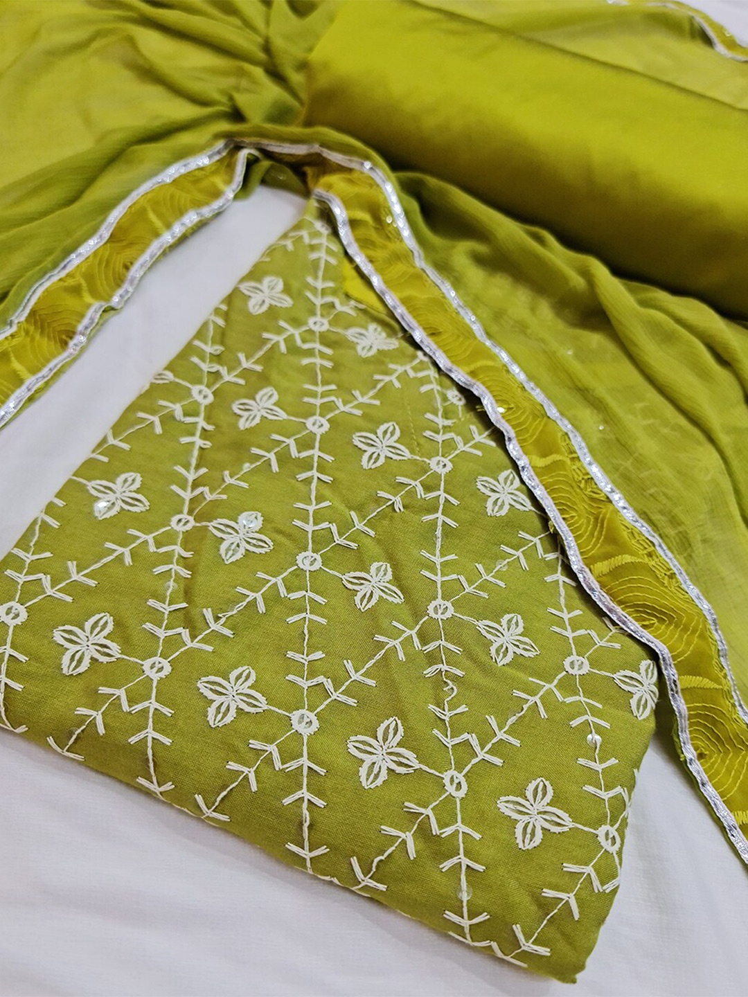 

PRENEA Floral Embroidered Chikankari Unstitched Dress Material, Lime green