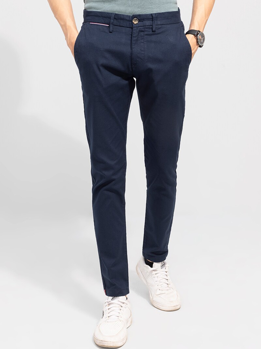 

Snitch Men Navy Blue Mid-Rise Slim Fit Linen Chinos Trousers