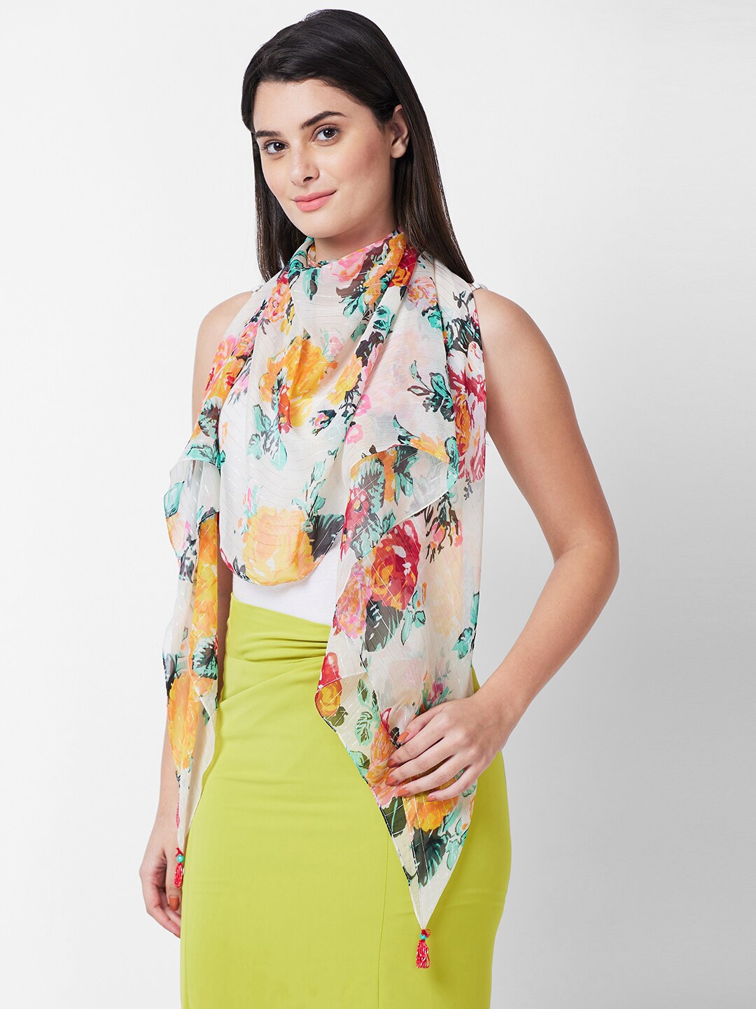 

Globus Women White & Yellow Printed Scarf