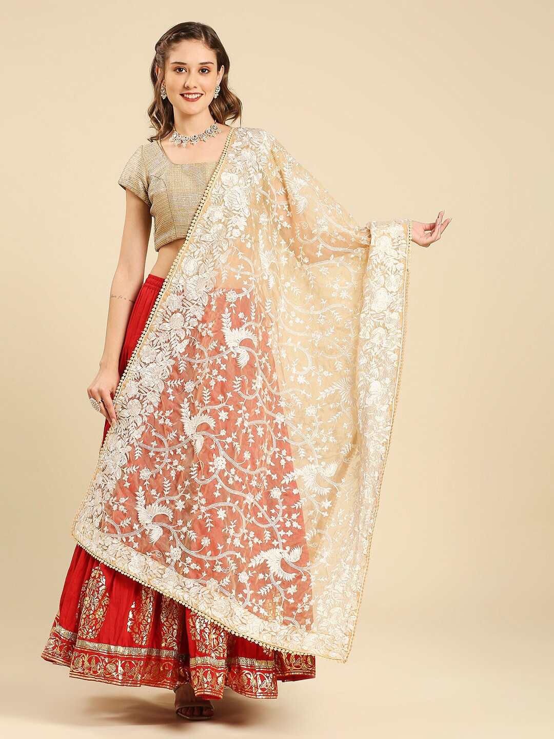 

Dupatta Bazaar Embroidered Organza Dupatta with Thread Work, Beige