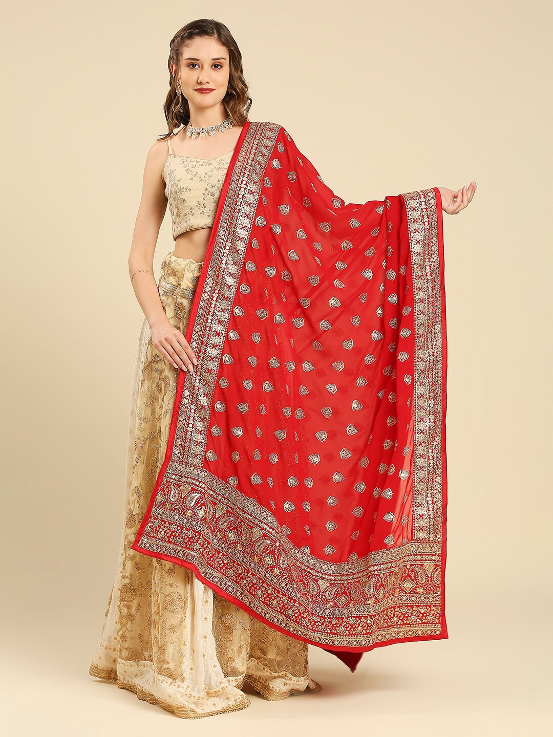 

Dupatta Bazaar Ethnic Motif Embroidered Georgette Dupatta, Red