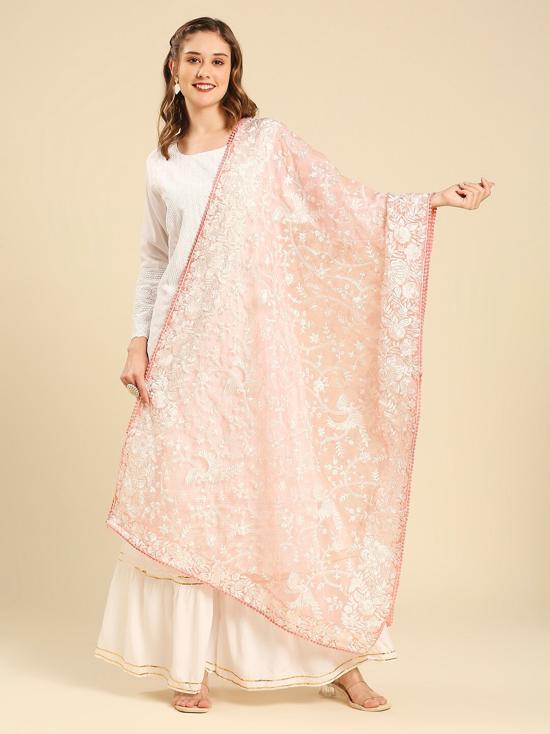 

Dupatta Bazaar Floral Embroidered Organza Dupatta, Peach