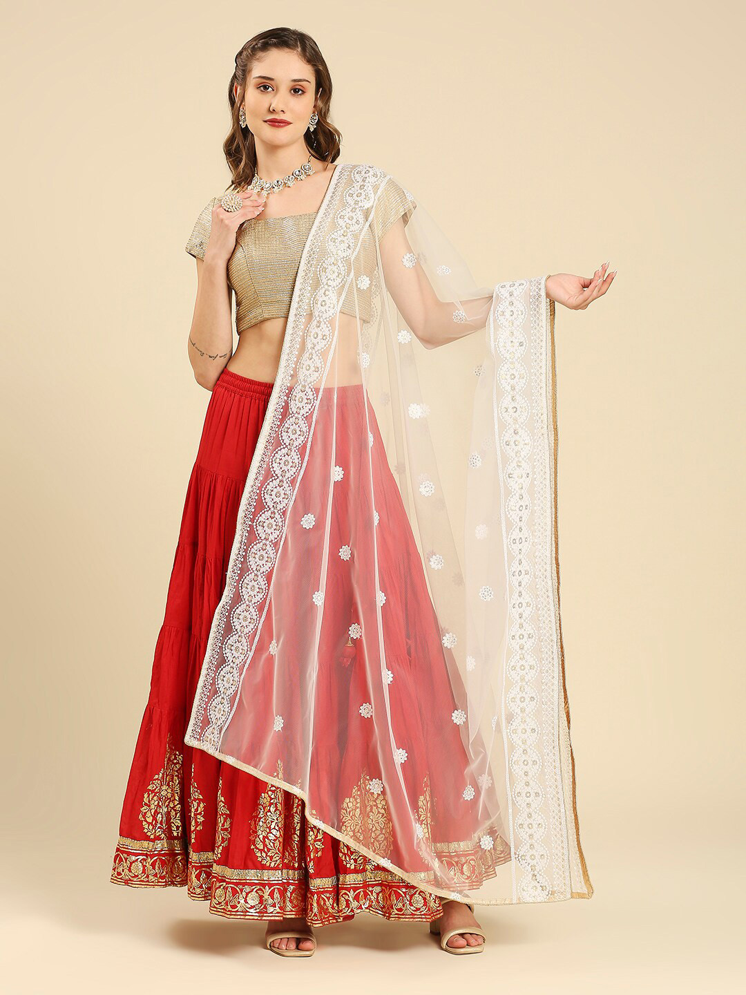 

Dupatta Bazaar Floral Embroidered Net Dupatta, White