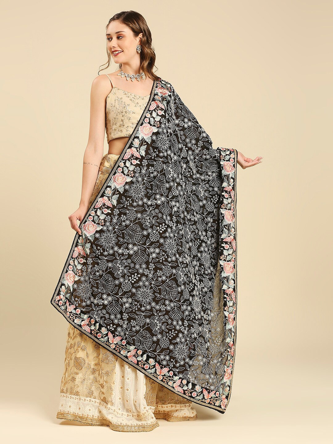 

Dupatta Bazaar Floral Embroidered Georgette Dupatta, Black