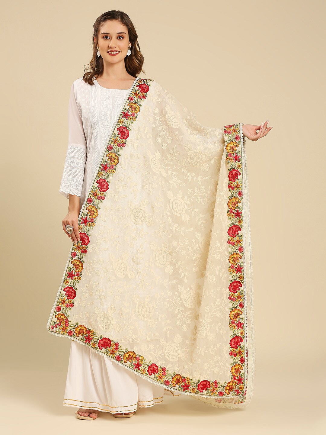 

Dupatta Bazaar Floral Embroidered Georgette Dupatta, Off white
