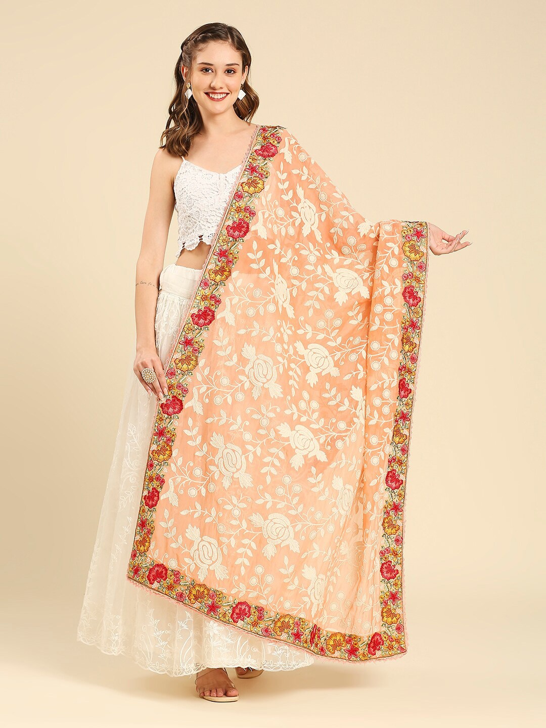 

Dupatta Bazaar Floral Embroidered Georgette Dupatta, Peach