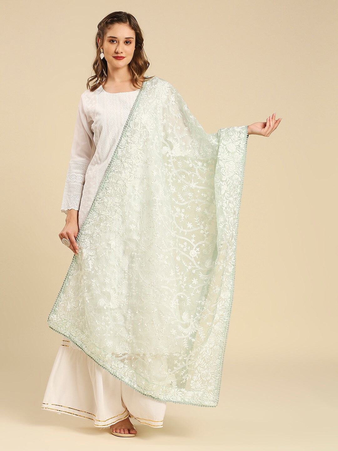 

Dupatta Bazaar Floral Embroidered Organza Dupatta, Green