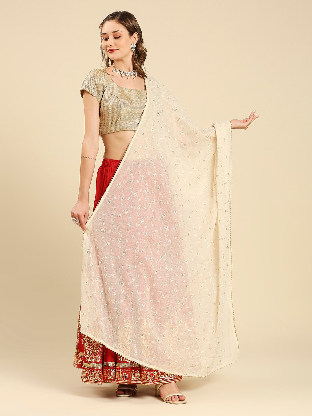 

Dupatta Bazaar Embroidered Pure Cotton Dupatta With Zari, Cream