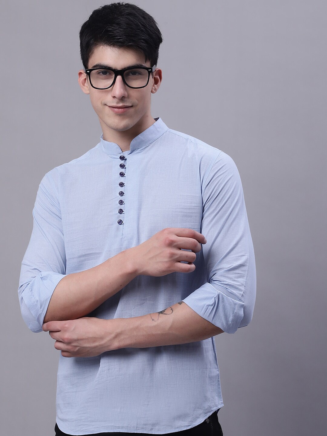 

WESTCLO Geometric Printed Mandarin Collar Pure Cotton Straight Kurta, Blue