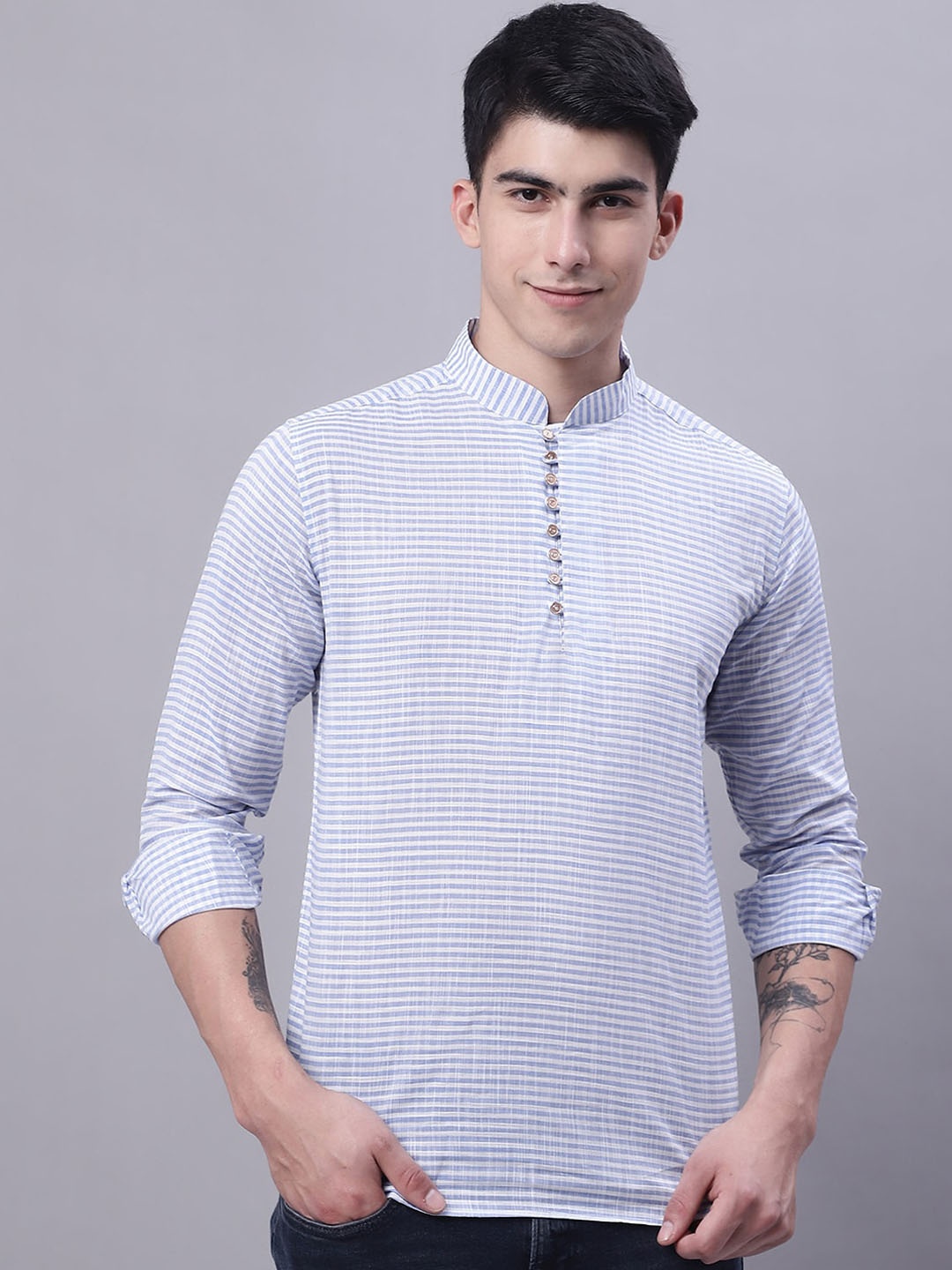 

WESTCLO Striped Mandarin Collar Pure Cotton Straight Kurta, Blue