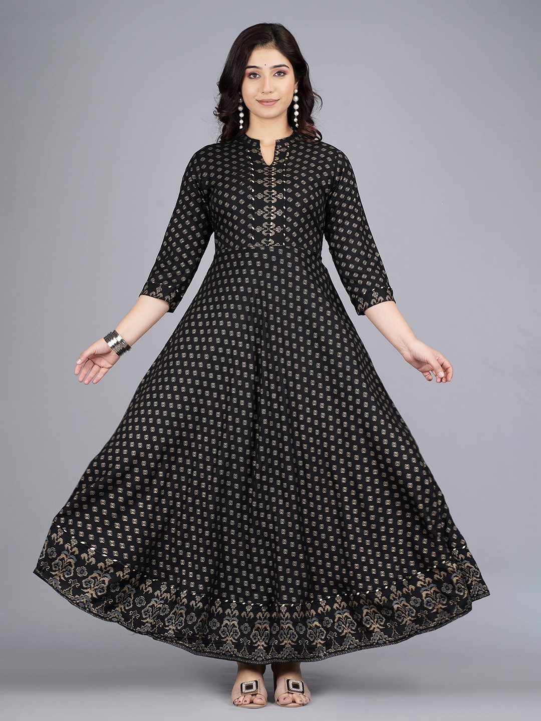 

KPF Ethnic Motifs Printed Mandarin Collar Fit & Flare Ethnic Dress, Black