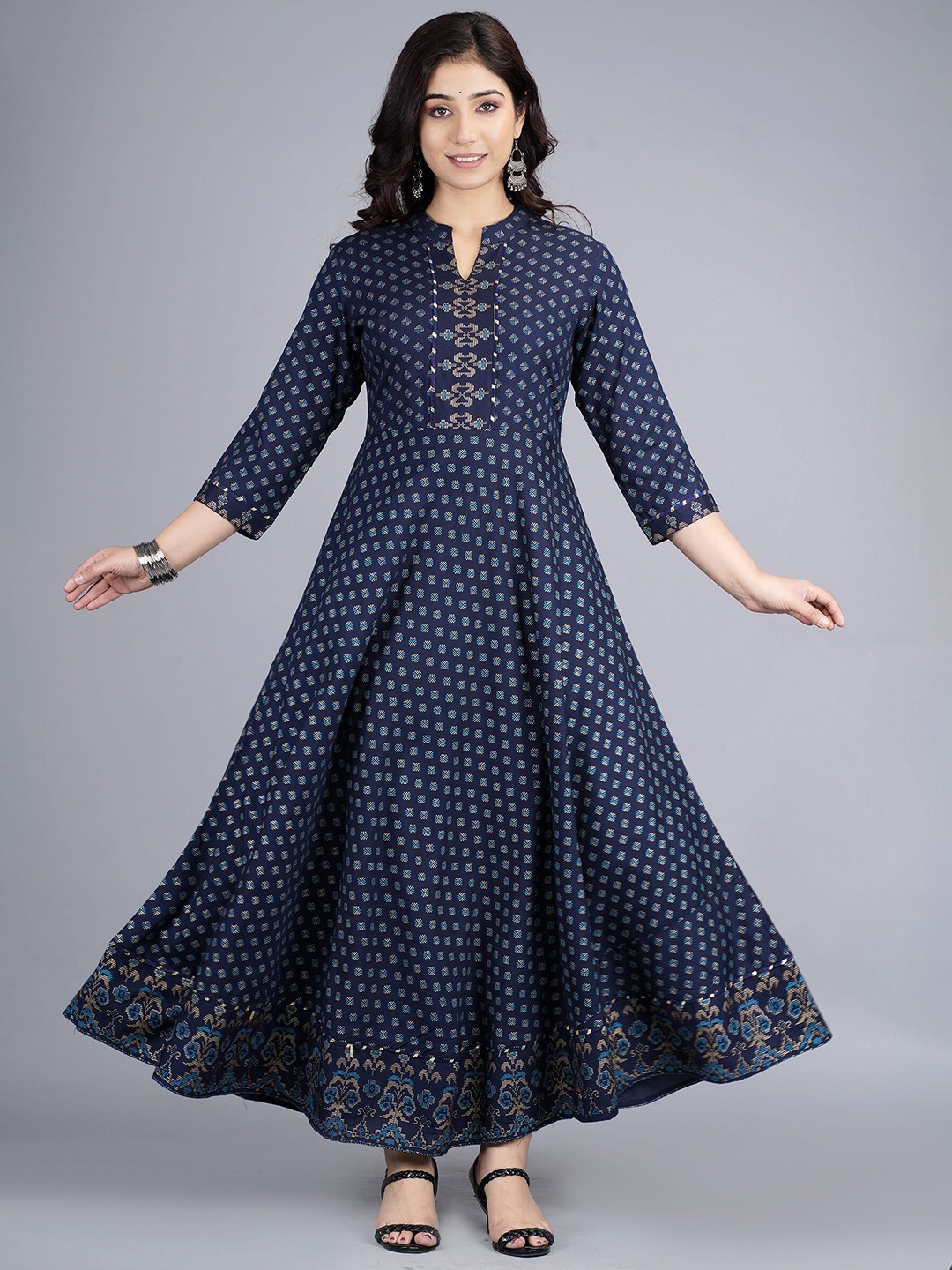 

KPF Ethnic Motifs Printed Mandarin Collar Fit & Flare Ethnic Dress, Navy blue