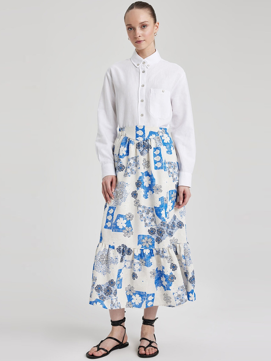 

DeFacto Printed Tiered Midi Skirt, White