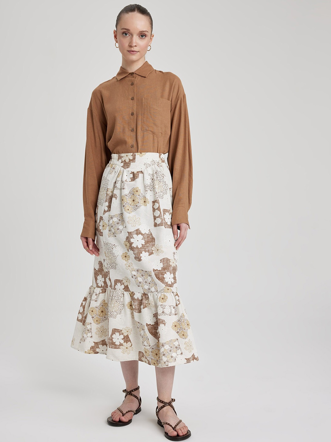 

DeFacto Printed A Line Midi Skirt, Beige