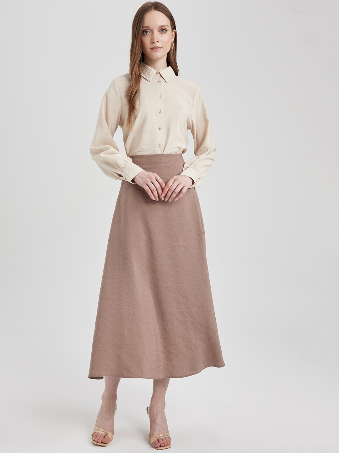 

DeFacto High-Rise A-Line Midi Skirt, Beige