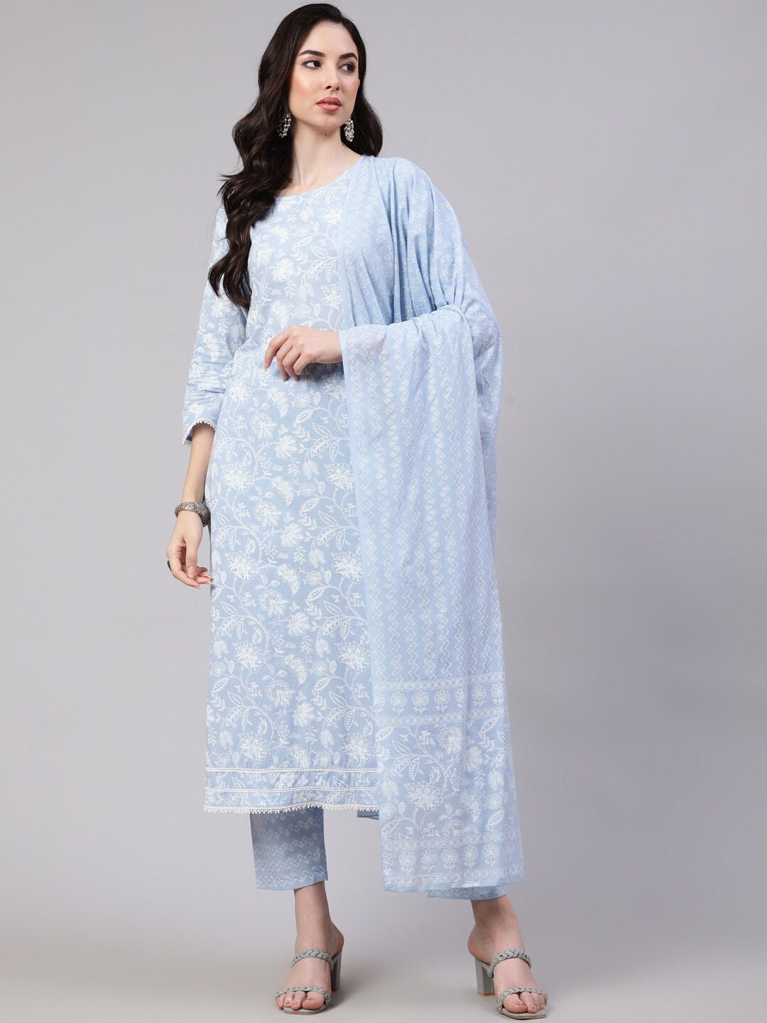

Nayo Floral Printed Regular Pure Cotton Kurta With Trousers & Dupatta, Blue