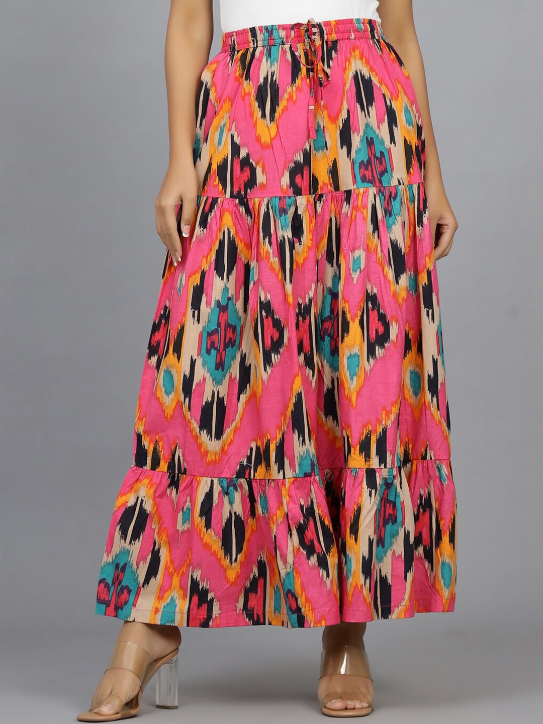 

HANDICRAFT PALACE Geometric Printed Pure Cotton Maxi Skirt, Pink